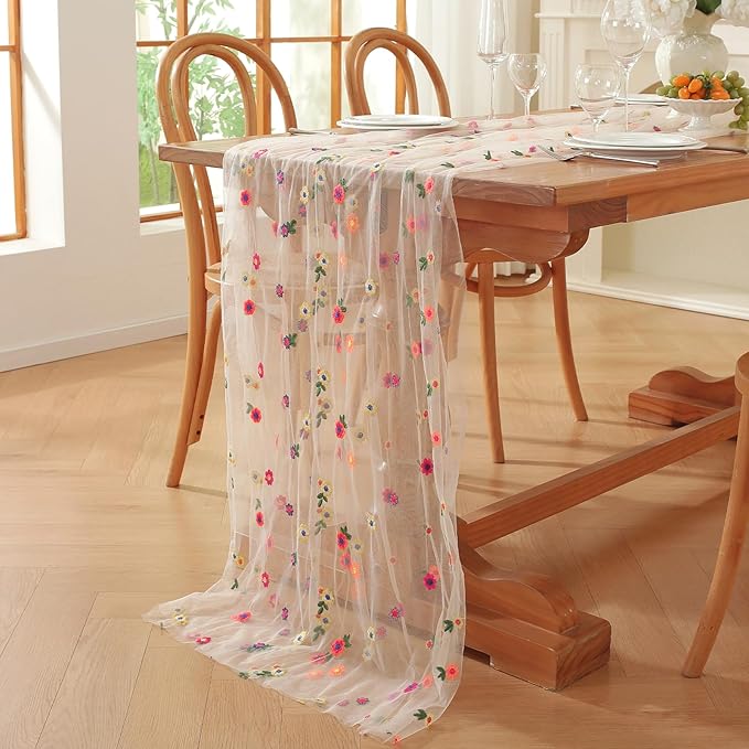 White Embroidery Daisy Fall Table Runner 120Inch 10FT Florals Soft Sheer Tulle - Image 6