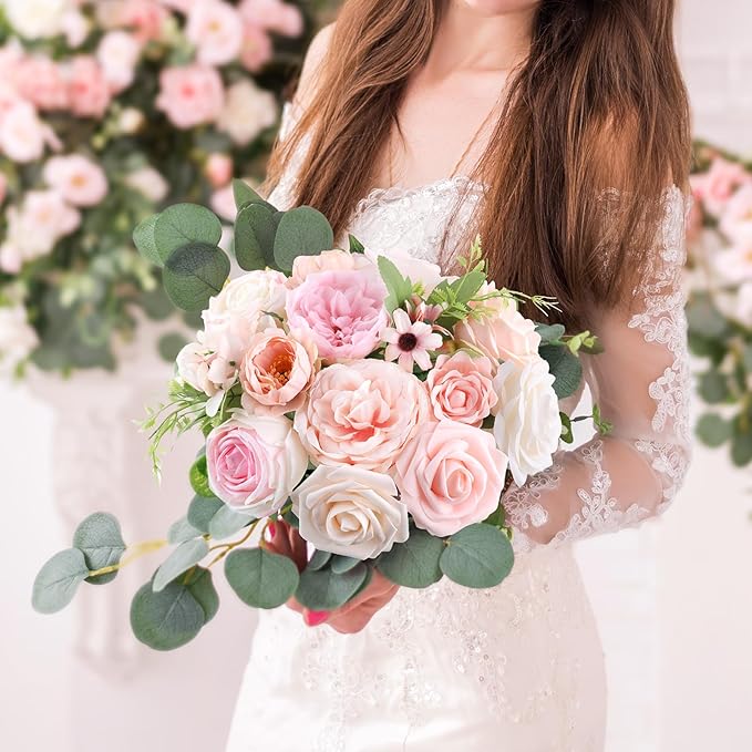 AmyHomie Blush Pink Artificial Flowers Combo Silk Rose Fake Flowers w/Stem - Image 3