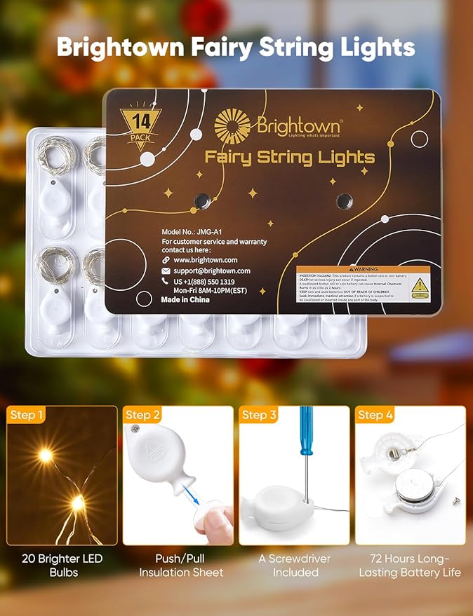 Brightown 14 Pack Warm White and White LED Fairy Lights Battery Operated String - Image 2