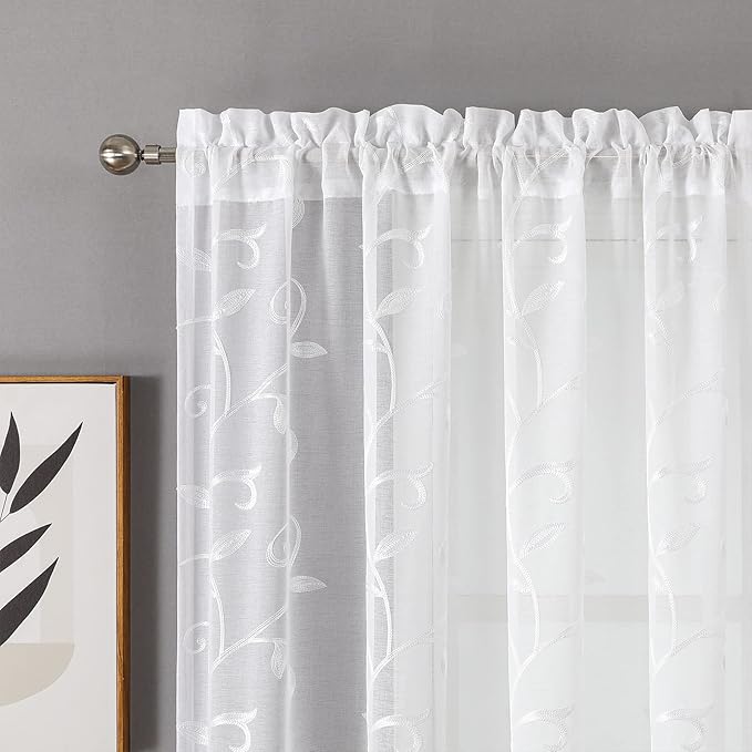 VISIONTEX White Leaves Sheer Voile Curtains, Decorative Embroidery Rod Pocket - Image 3