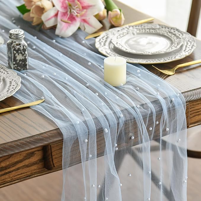 Artoid Mode Pearl Blue Gauze Table Runner 120 Inch 10FT, Seasonal Sheer Dining by ArtoidMode