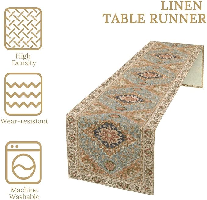 Vintage Boho Floral Table Runner, Rustic Country Farmhouse Grey Blue Orange - Image 5
