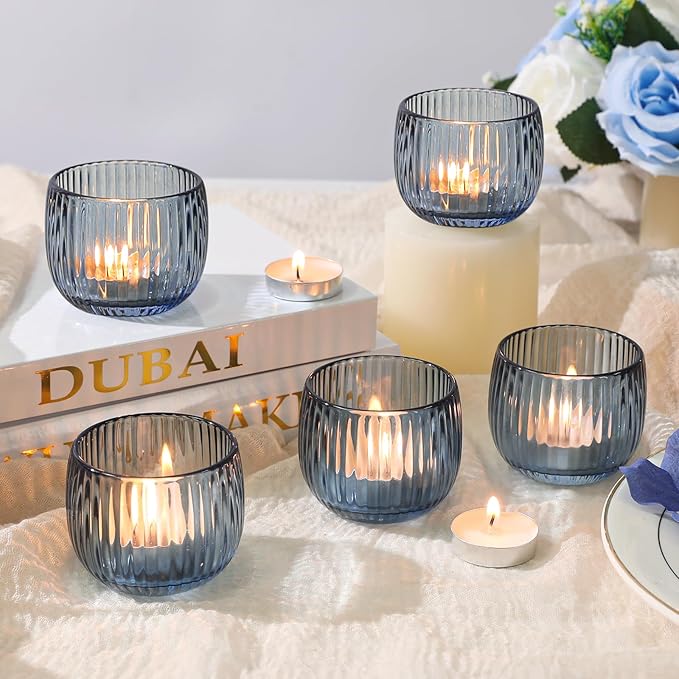 Set of 6 Ribbed Glass Votive Candle Holders, and Home Decor - Image 2