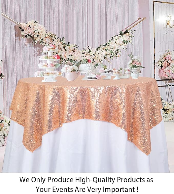 ShinyBeauty Square Tablecloth 72x72-Inch Sequin Tablecloth Overlay Rose Gold - Image 2