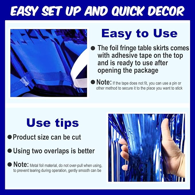 3 Pack 29 x108 Inch Blue Foil Fringe Table Skirts Metallic Banner - Image 2
