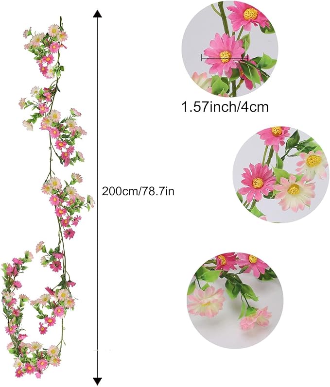 2 Pack Pink Flower Garland Daisy Flowers Silk Artificial Wildflower 13ft - Image 2