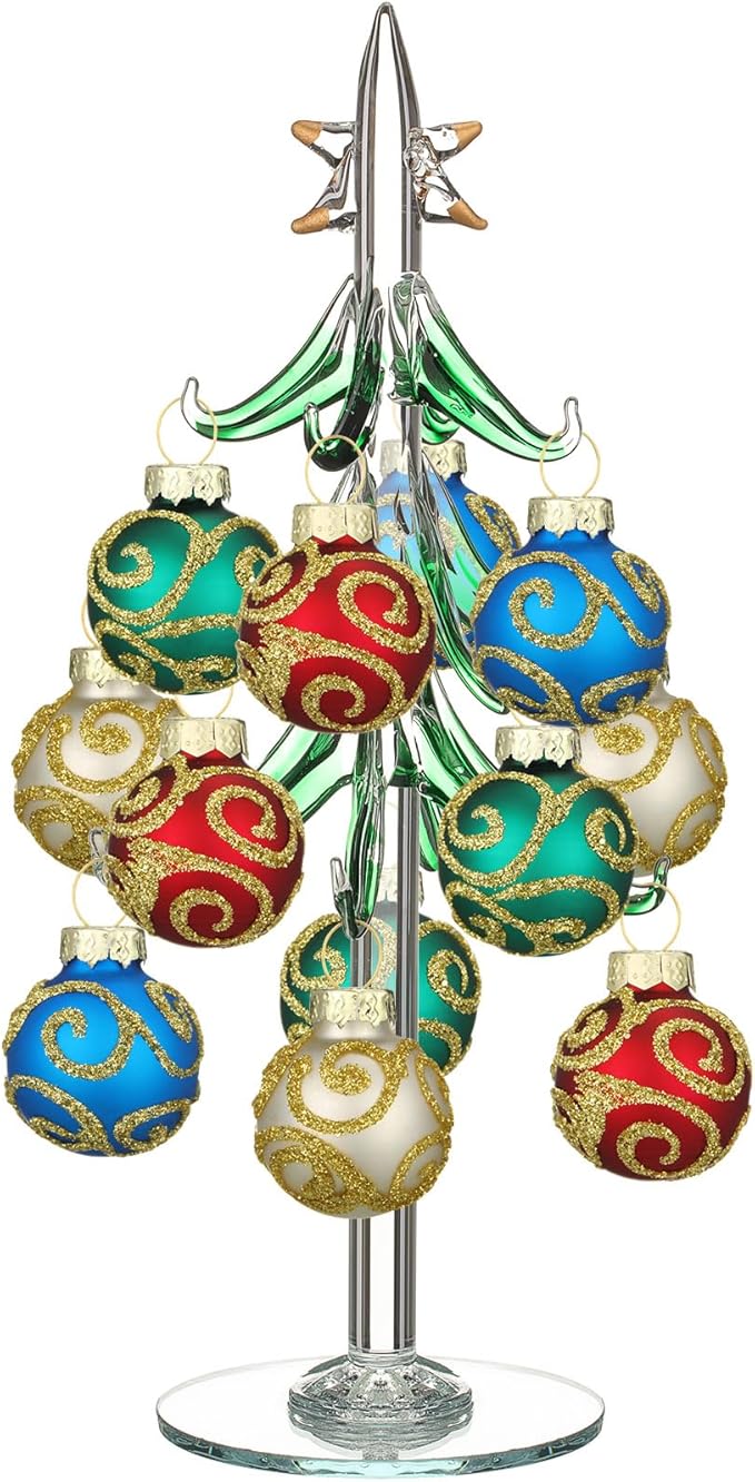 Glass Christmas Tree with 12 Ornament Glitter Balls Tabletop Wine Glass Charms by Cinnvoice