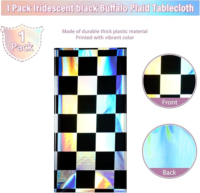 1Pack Black and Iridescent Checkered Plastic Tablecloth, Shiny Disposable Laser - Image 4