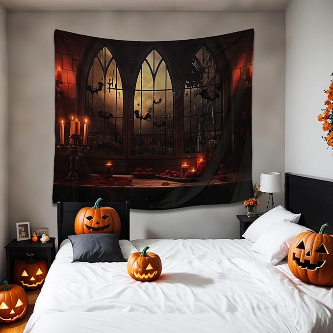 QGHOT Halloween Tapestry Wall Hanging Horror Castle Window Tapestry Gothic - Image 3