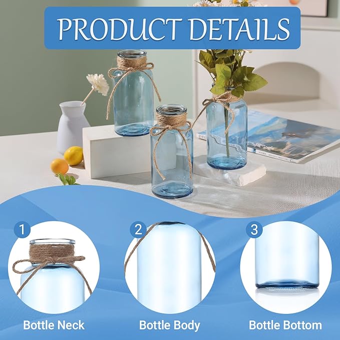 Blue Glass Flower Vases for Centerpieces Set of 6, Mason Jars Boho Cylinder Bud - Image 6