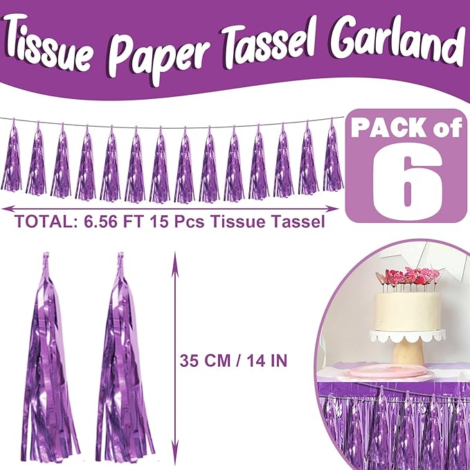 6P Light Purple Foil Fringe Metallic Tassel Streamers Banner Tassel Garland - Image 2