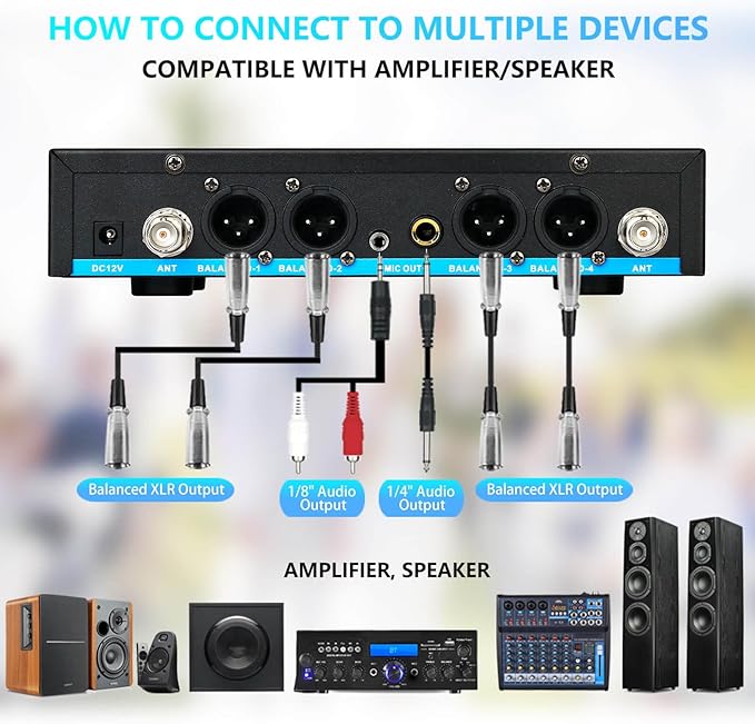 4 Channel Rechargeable Wireless Microphone System, Pro UHF Metal Handheld - Image 9