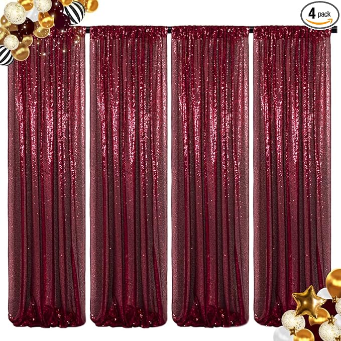 ShinyBeauty Sequin Backdrop 4 Panels Burgundy 2FTx8FT Fabric Photo Curtains by ShinyBeauty