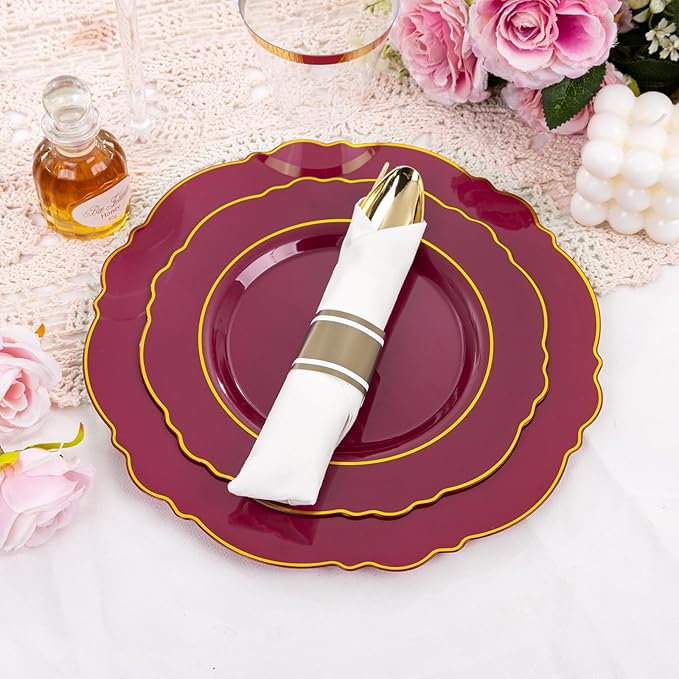 Liacere 350PCS Red Plastic Plates-Disposable Burgundy Red and Gold Plates - Image 5