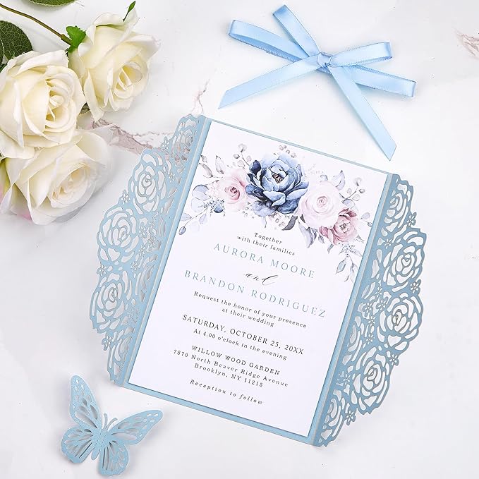 50 Set Light Blue Wedding Invitations Butterfly Laser Cut Invitations Pocket - Image 6
