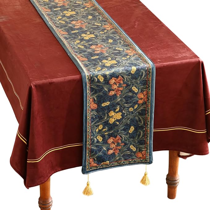 patdrea Designer Casual Wild Floral Velvet Table Runner 87 Inch Long, Dark Blue by Welcometopatdrea