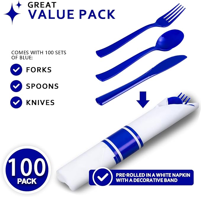 400PCS Pre Rolled Blue Plastic Silverware Sets - Image 2