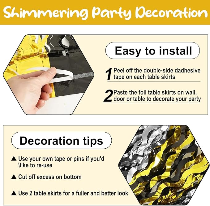 6 Pack 29 x108 Inch Black Gold Silver Wave Foil Fringe Table Skirts Metallic - Image 3
