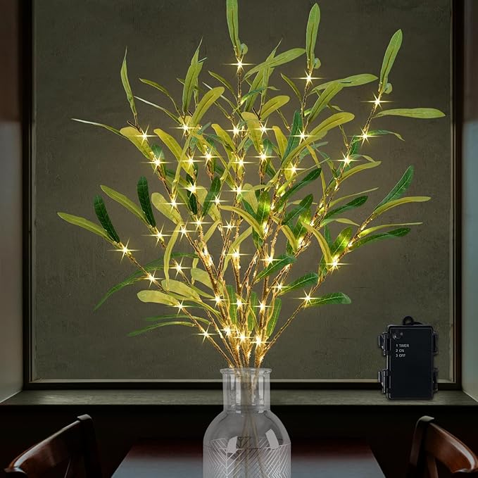 Olive Branches for Vases with Battery Operated Lights 33 Inches, 99LED Lighted by CAMANTU