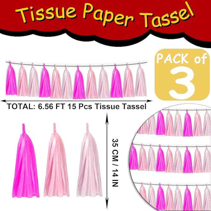 3P Maca-Rose Red Pink LightPink Metallic Fringe Banner Garland Foil Tinsel - Image 2