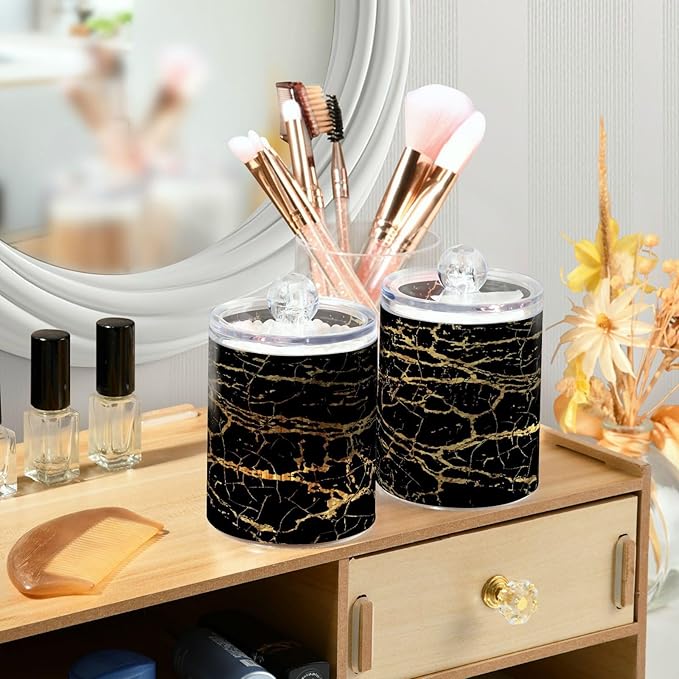 Qtip Holder Dispenser 2 Pack Gold Black Marbling Bathroom Decorative Storage - Image 6
