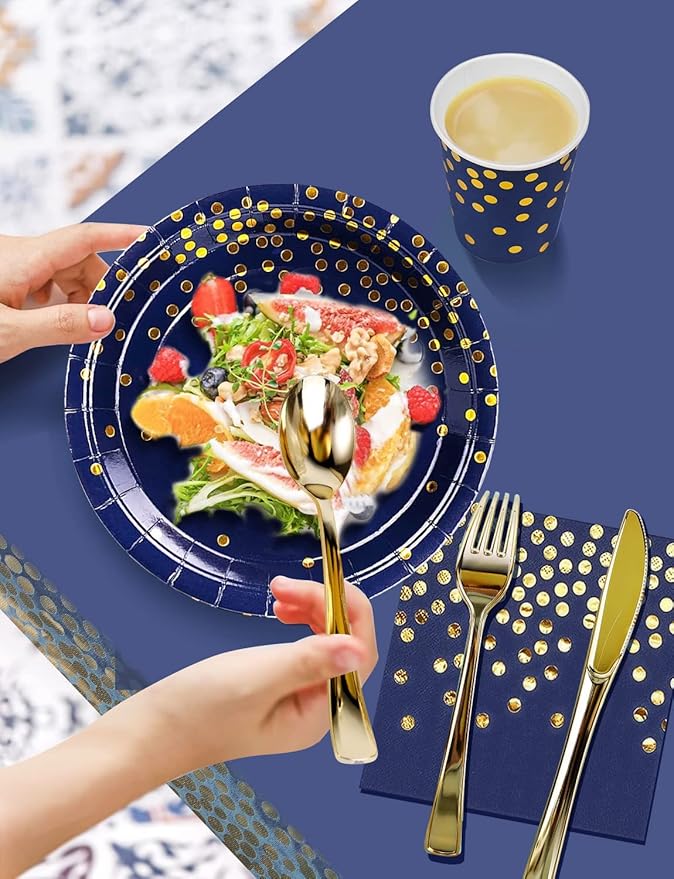 141 Pieces Navy Blue Gold Party Supplies, Party Dinnerware Sets Include Paper - Image 4