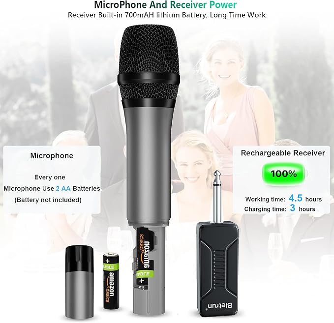 Bietrun Wireless Microphone, Professional UHF Metal Dual Handheld Cordless - Image 3