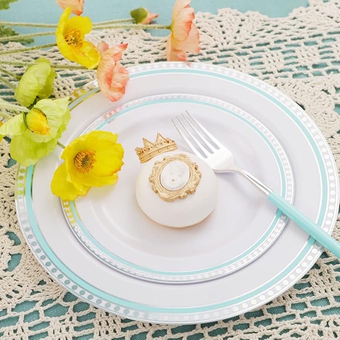 COLOSUS 125pcs Disposable Silver Blue Plastic Plates and Silverware .Light baby - Image 4