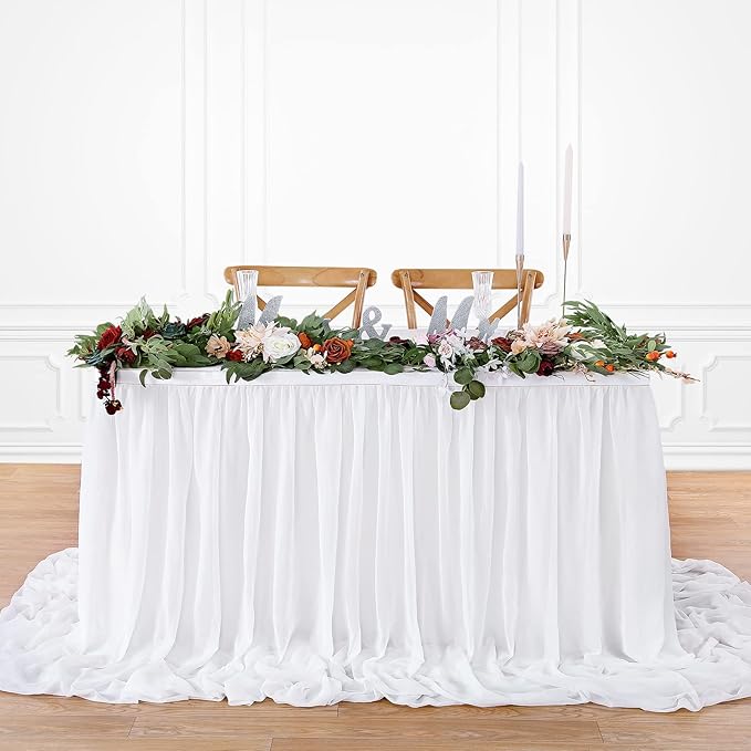 White Table Skirt for Rectangle Tables 14FT Chiffon Sheer Tablecloth for - Image 6