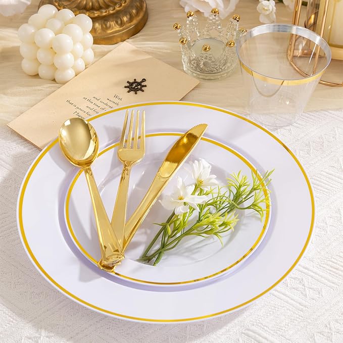 SUT 175 Pcs White and Gold Plastic Plates, Plastic Dinnerware Set - Image 7