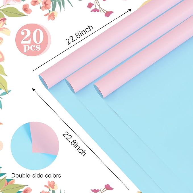 BEISHIDA 20Pcs Baby Blue and Baby Pink Double Sided Floral Wrapping Paper Matte - Image 2