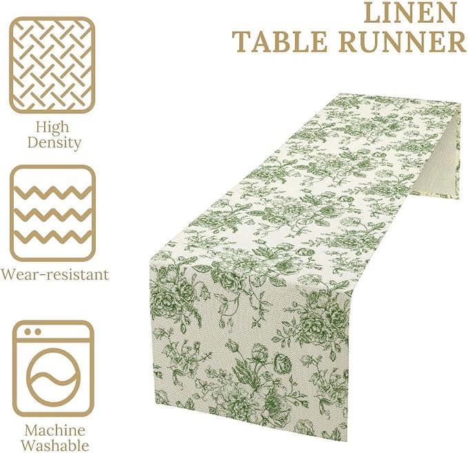 Vintage Flower Table Runner, Wildfloral Green Floral Sketch Pattern Print Table - Image 3