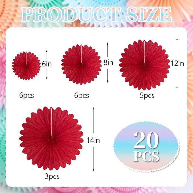 20 Pcs Red Hanging Paper Fan, Round Paper Fans Decorations Set - Image 2