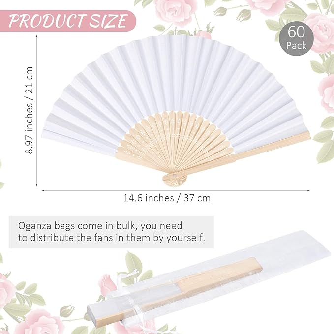 MCEAST 60 Pieces Wedding Handheld Paper Fans White Bamboo Folding Paper Fans - Image 2