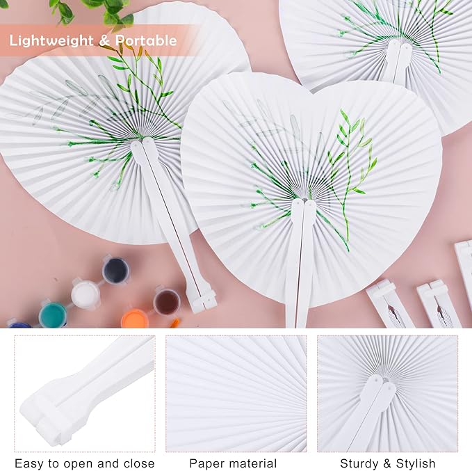 Aodaer 100 Pack Heart Shaped Folding Fans White Paper Fans Handheld Fans - Image 3