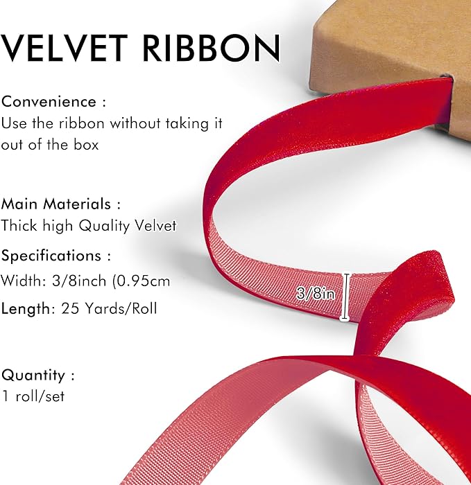 Red Velvet Ribbon 3/8'' 25 Yards - Image 2