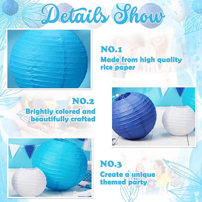 Riakrum 16 Pcs Blue and White Paper Lanterns Birthday Party Decorations Mixed - Image 6