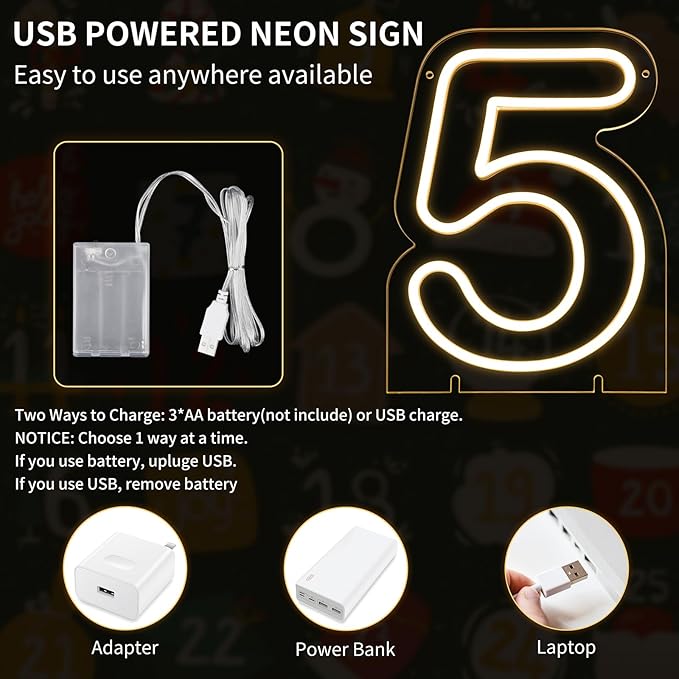 Number 5 LED Neon Sign Backdrop Birthday Party Decoration, 11.3" Height Warm - Image 2