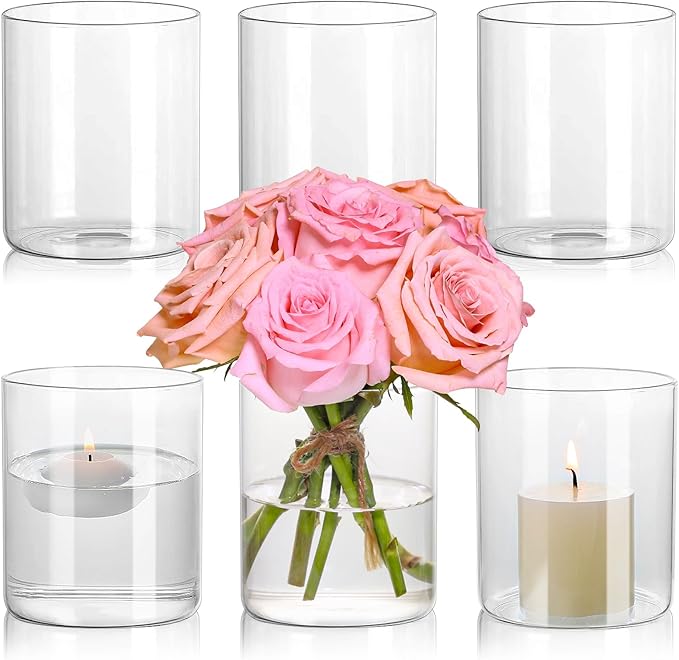 Glass Cylinder Vase Set of 6 for Centerpieces, 5 Inch Short Clear Flower Vases by SUPMIND
