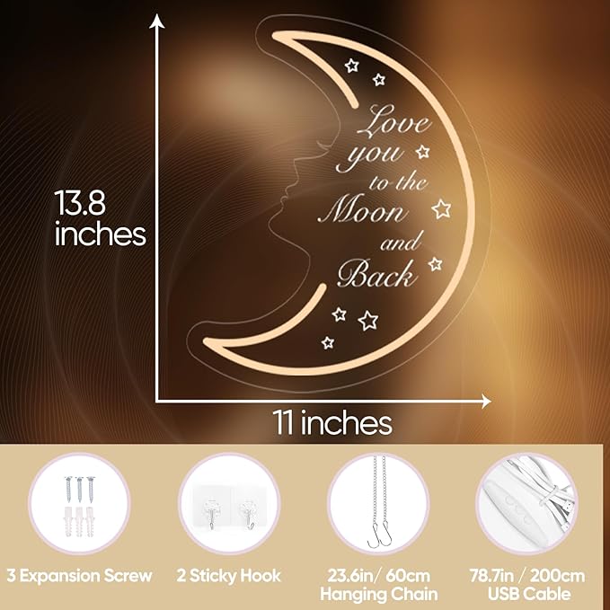 Moon Neon Light Sign for Wall Decor, 5v USB Powered & Dimmable Love You to the - Image 2