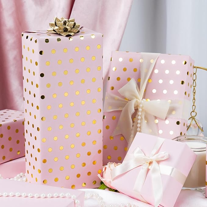 Flyhill Pink Wrapping Paper Roll, Reversible Mini Roll Gold Foil Polka Dot Gift - Image 2