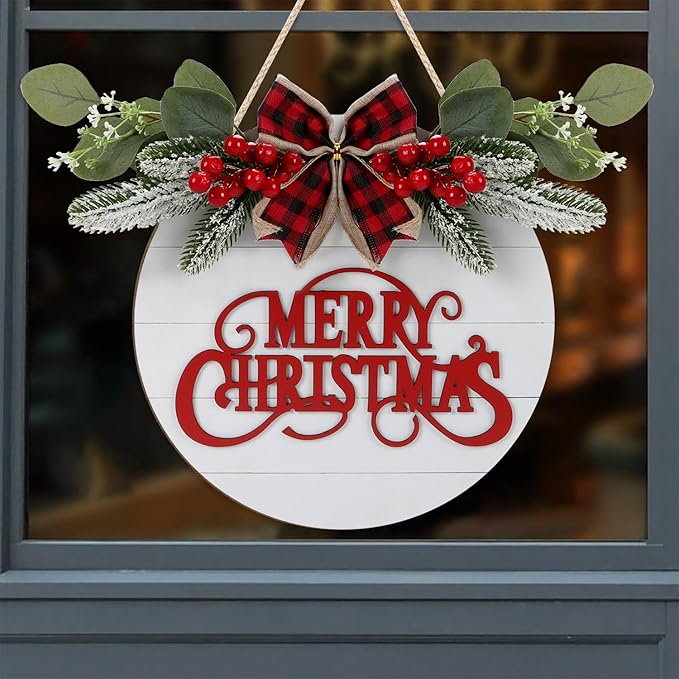 CHDITB Cute Merry Christmas Wooden Front Door Wreath, Farmhouse 3D Christmas - Image 5