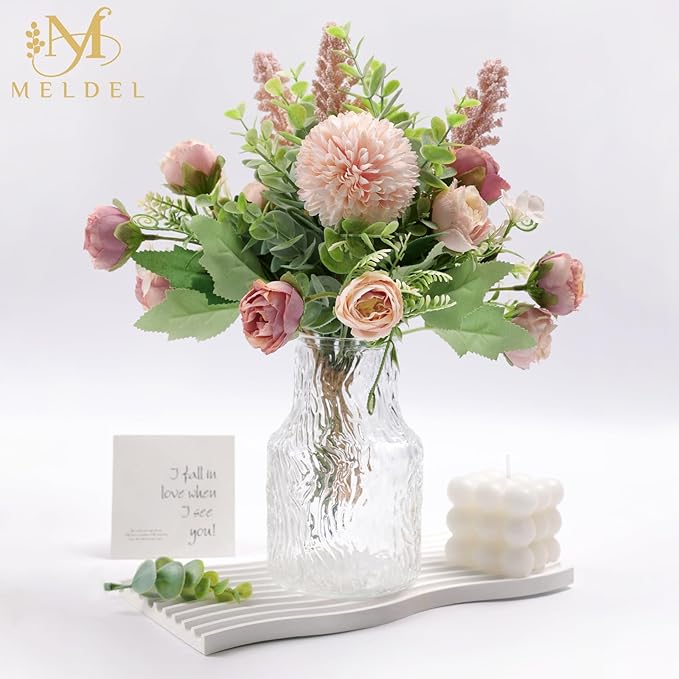 Meldel 3Pcs Rose Bouquet Pink Artificial Flowers Eucalyptus Plants Fake Silk - Image 8