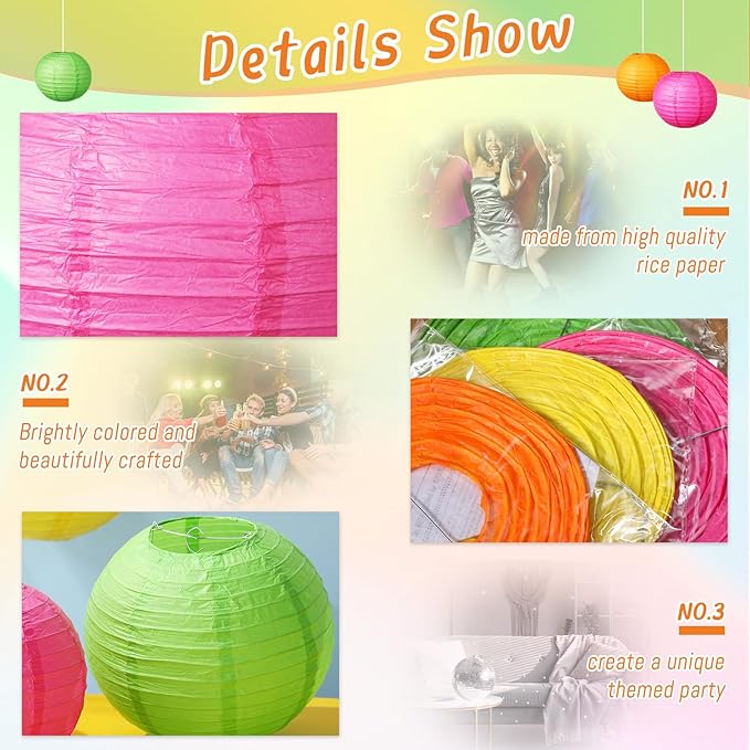 Riakrum 16 Pcs Neon Themed Paper Lanterns Birthday Party Decorations Mixed Size - Image 3