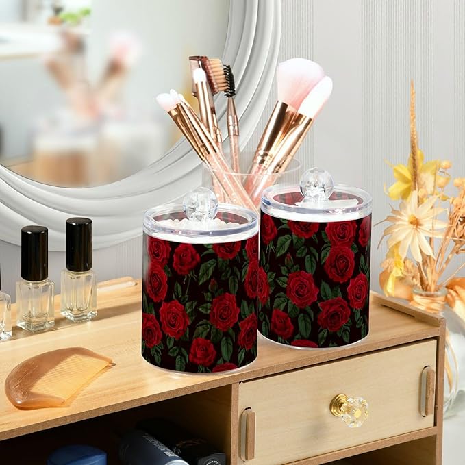 Gredecor Qtip Holder Dispenser 2 Pack Red Rose Flowers Leaves Bathroom - Image 6