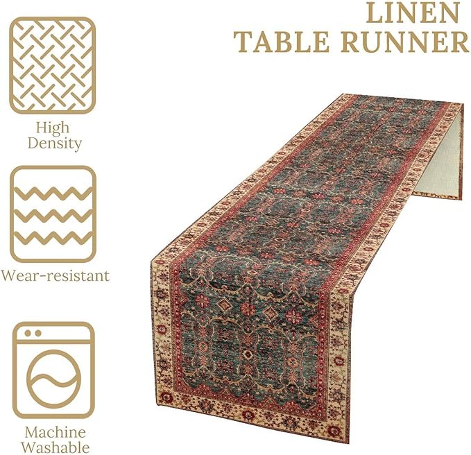 Vintage Boho Floral Table Runner, Rustic Country Farmhouse Red Teal Retro - Image 5