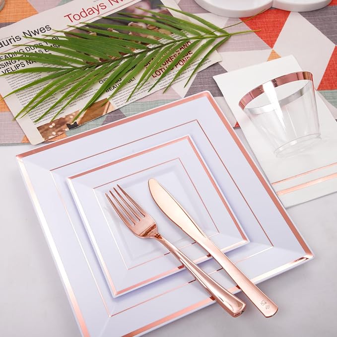Festiva 350Pcs Rose Gold Plates and Napkins Party Supplies-Square White and - Image 4