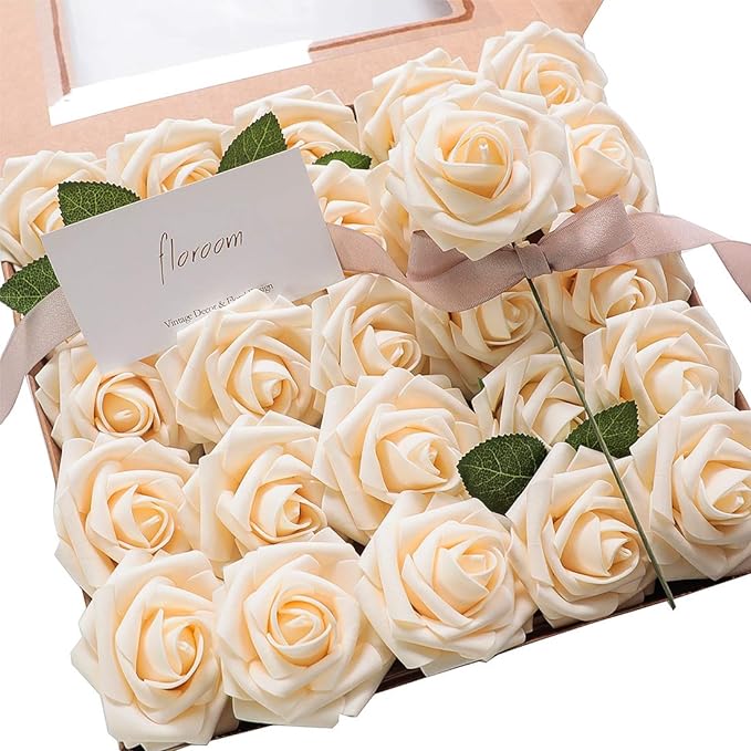 Floroom Artificial Flowers 25pcs Real Looking Champagne Foam Fake Roses by Floroom