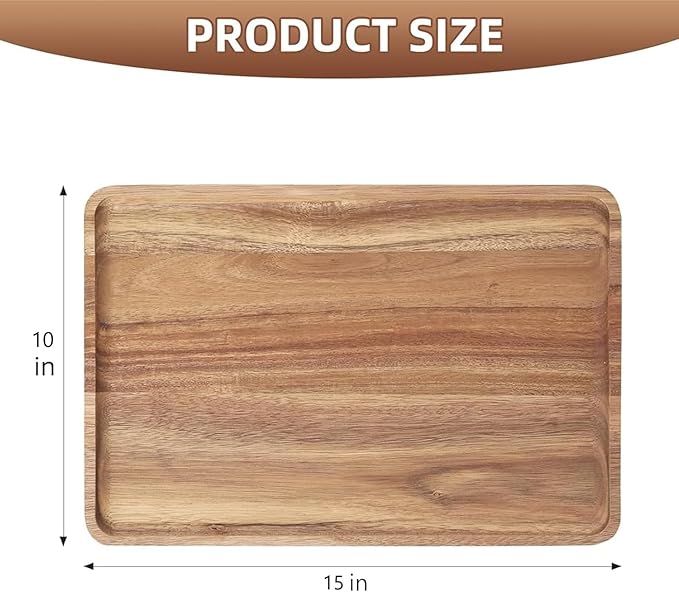 2pcs 15"x10" Large Solid Acacia Wood Serving Trays Rectangular Wooden Serving - Image 2