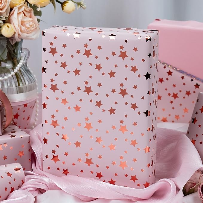 Burymento Gold Foil Five-Pointed Star Wrapping Paper, Reversible Pink Gift Wrap - Image 6